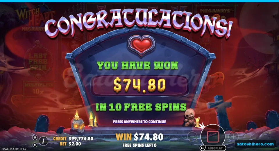 Collect screen shows $74.80 from ten spins