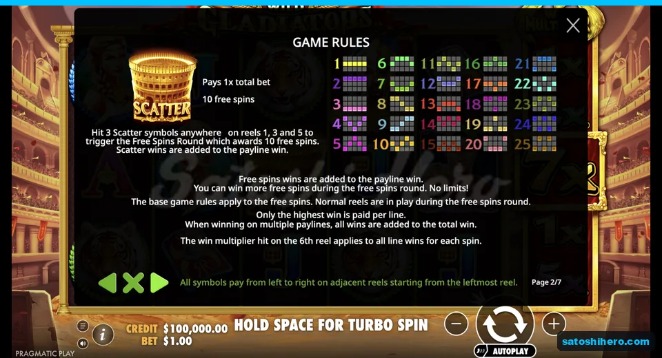 Free spins rules show three Scatter trigger