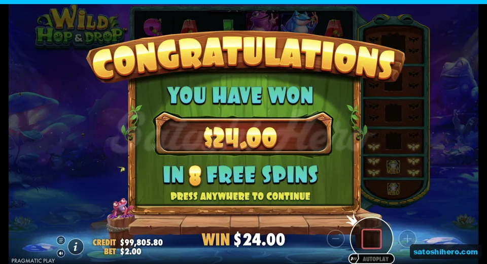 Congratulations screen shows $24.00 won
