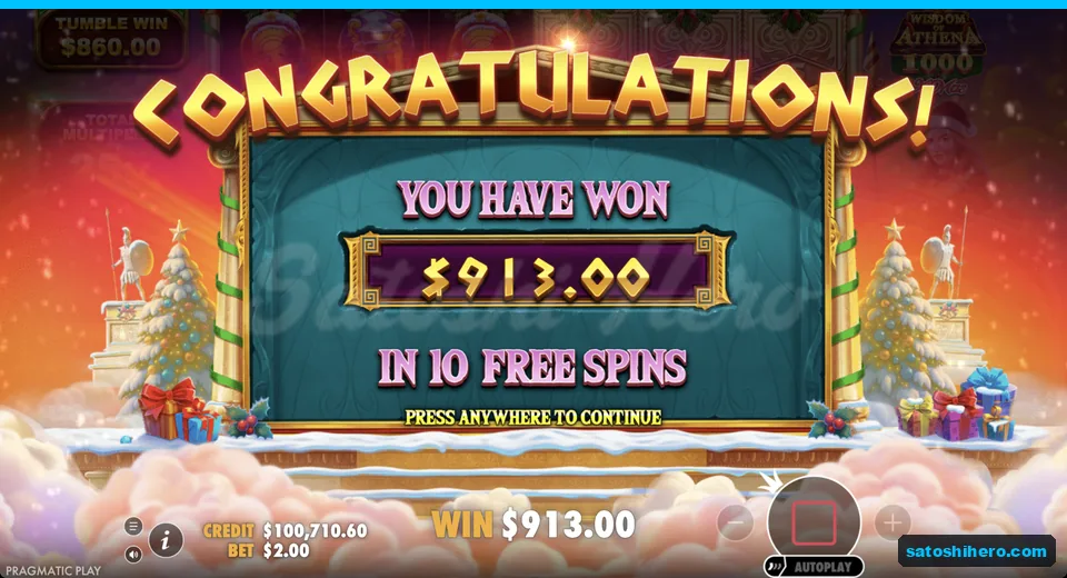 Bonus collect screen shows $913.00 win