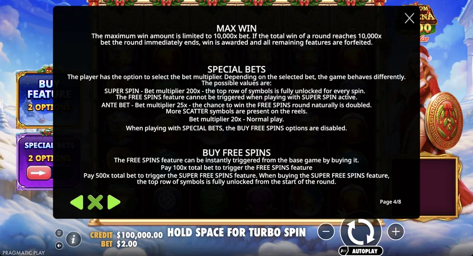 Buy options and special bets rules panel