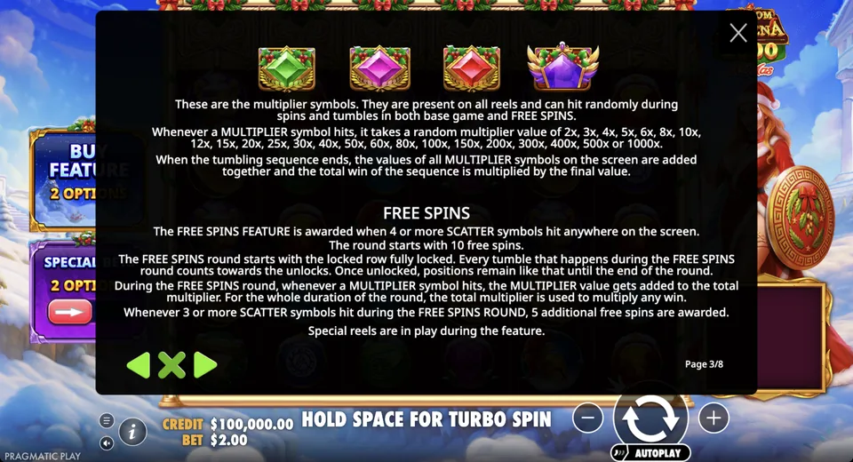 Multiplier gems and free spins rules page
