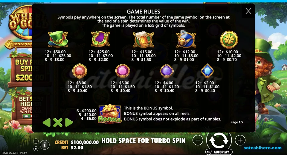 Pay table lists hats, horseshoes, mugs and gems