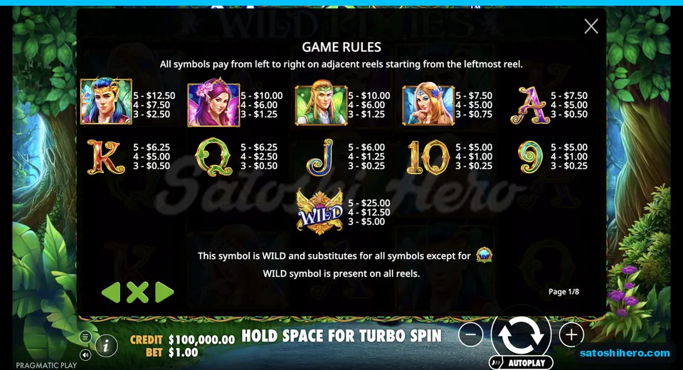Rules page lists symbol payouts by rank