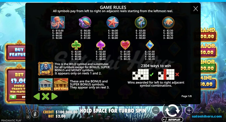 Rules page lists six-of-a-kind symbol values
