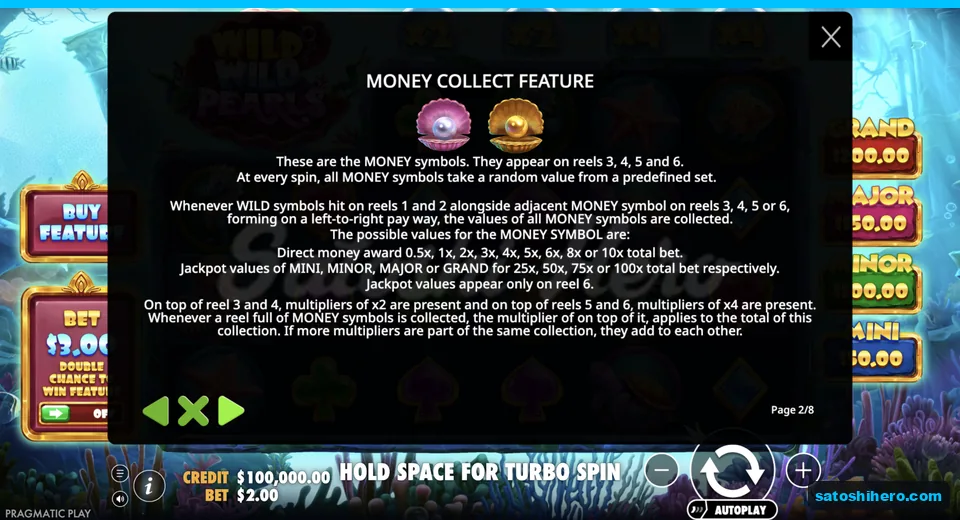 Feature page shows pearl values and jackpots
