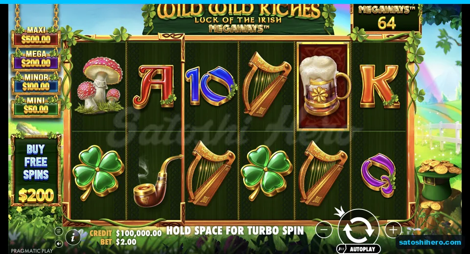 Settled grid under rainbow sky and jackpot meters