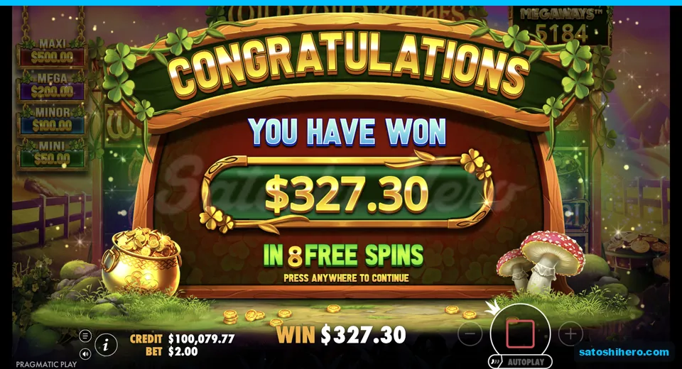 Collect screen shows $327.30 from eight spins
