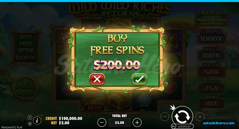 Buy menu opens at the two dollar stake