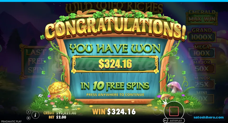 Feature payout screen shows three hundred twenty four dollars