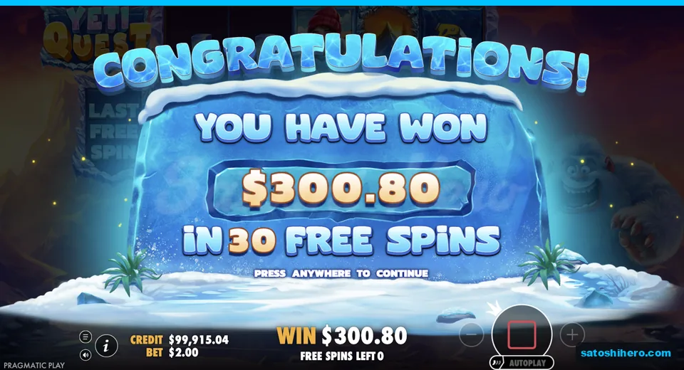 End banner shows $300.80 won in thirty spins