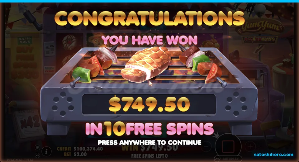 Total win shows $749.50 after ten spins