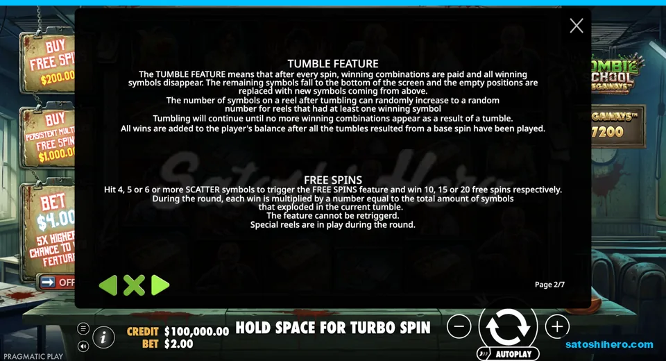 Rules page explains tumbles and free spins
