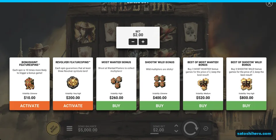 FeatureSpins toggles and four bonus buy cards