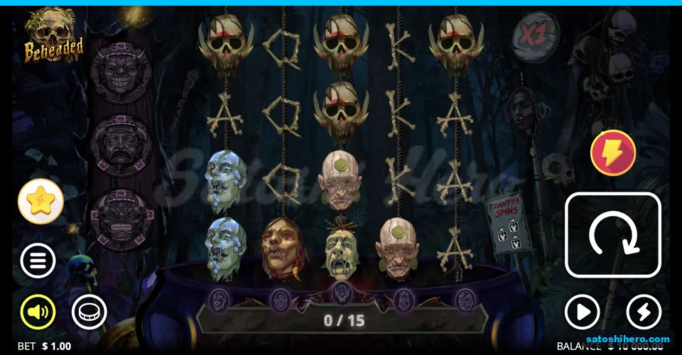 Hanging heads and masks frame the cauldron