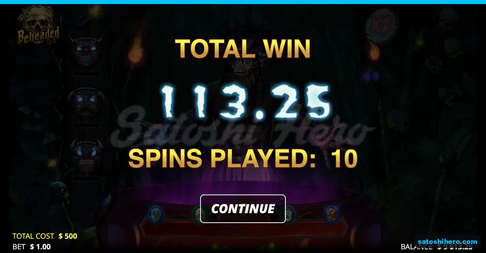 Summary screen shows 113.25 after ten spins