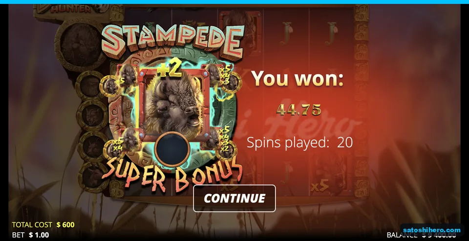Result screen shows $44.75 after twenty spins