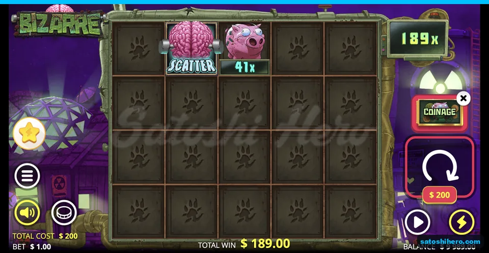 Coinage result screen with 189.00 total win