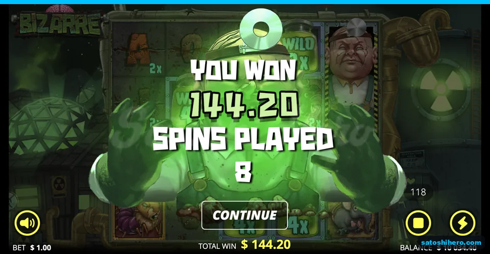 Bonus result screen showing 144.20 win