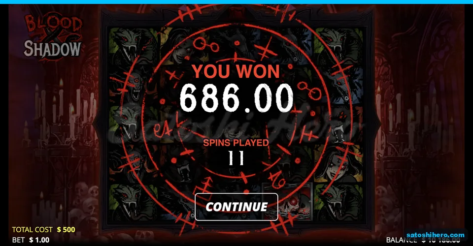Summary screen reads 686.00 after 11 spins