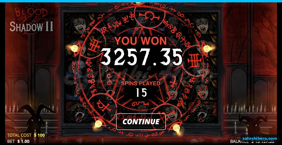 Win screen shows 3257.35 after 15 spins