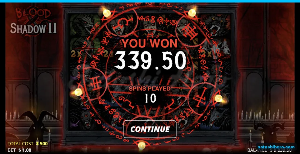 Win screen shows 339.50 after 10 spins