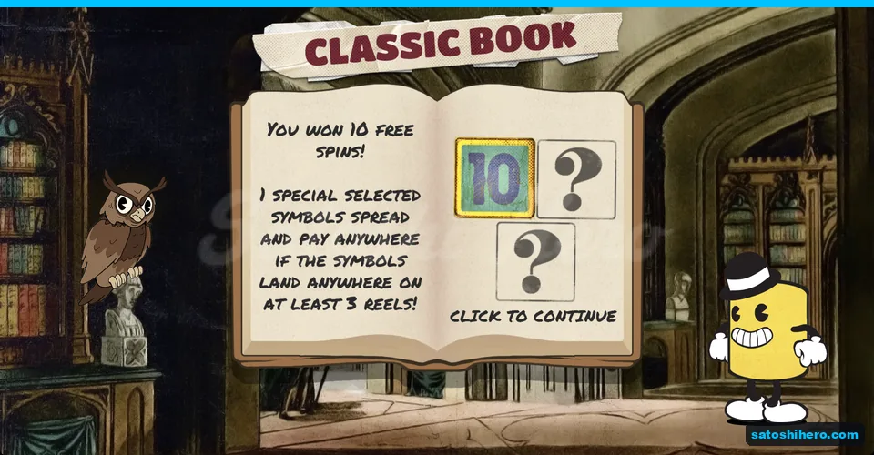 Open book shows ten spins and selected symbol