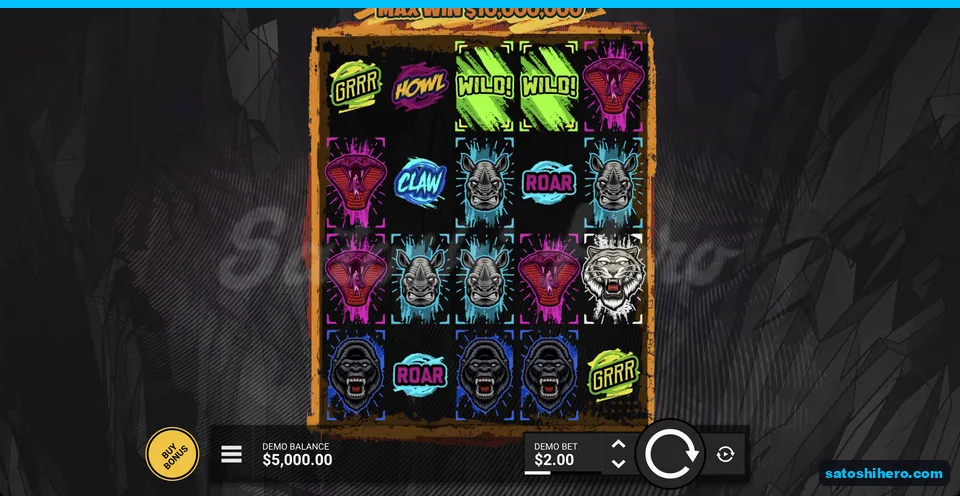 Neon animal symbols fill a settled reel grid