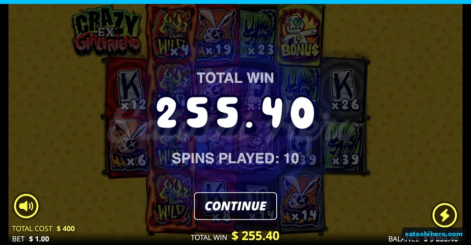 Total win screen showing 255.40