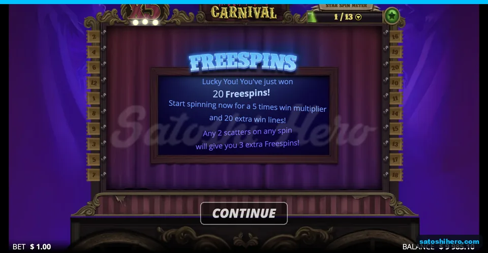 Freespins card shows twenty spins and x5