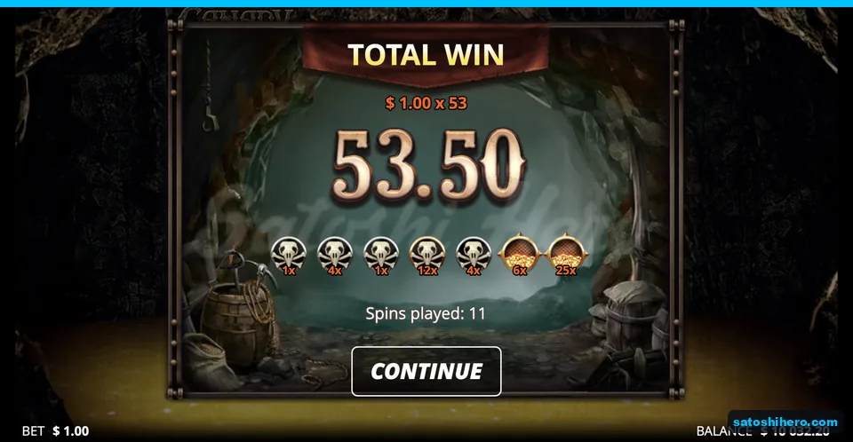 Free spins result screen totals 53.50