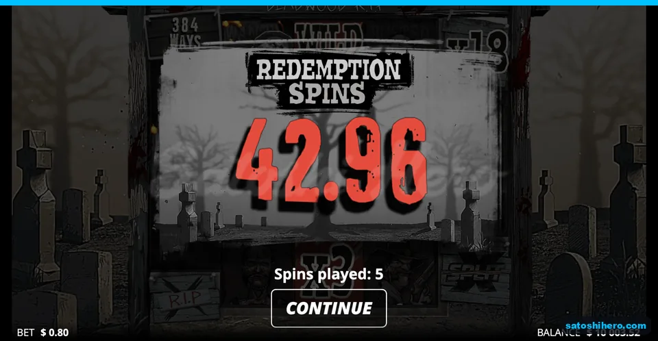 Redemption Spins collect screen shows 42.96