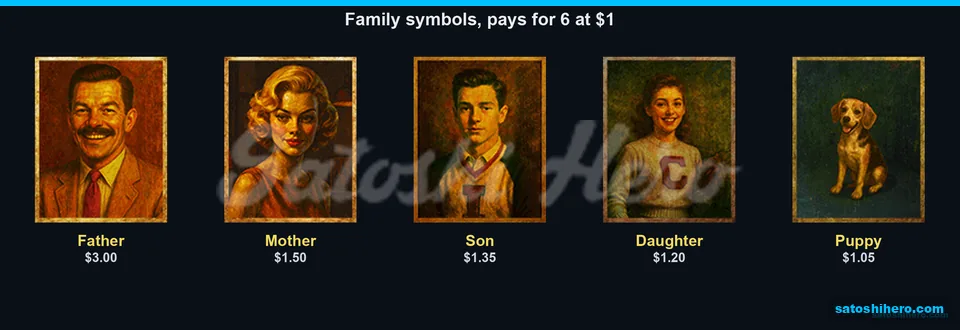Family portrait paytable shows six-symbol values
