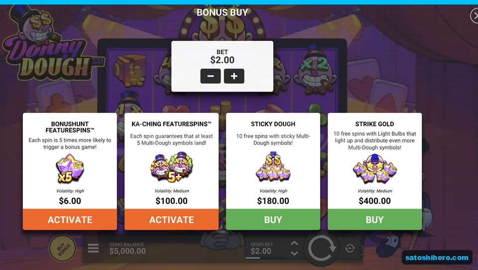 Bonus buy panel lists four feature prices