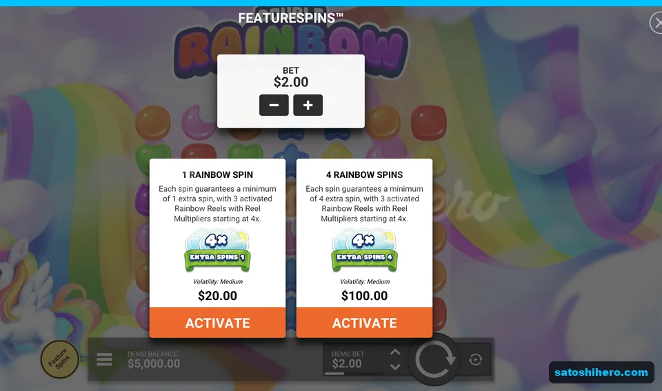 FeatureSpins menu shows $20 and $100 choices