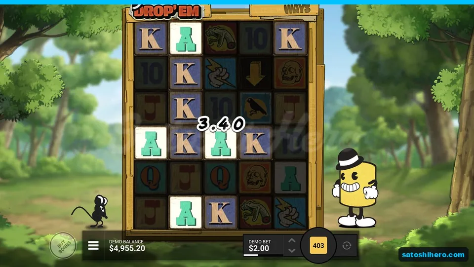 Ace line pays with Drop arrow on reel four