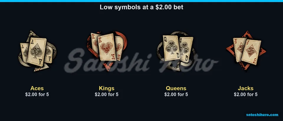 Fanned card symbols list low pay values