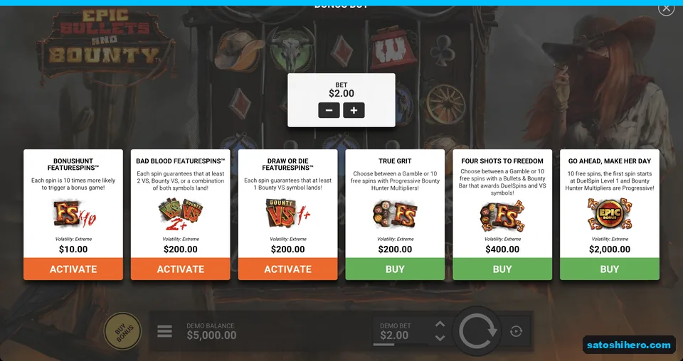 FeatureSpins and bonus buy cards fill menu