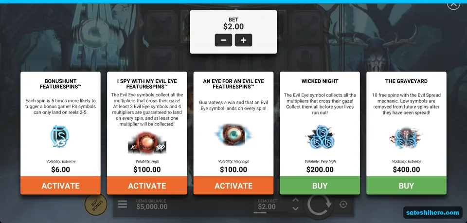 Bonus buy menu lists five prices
