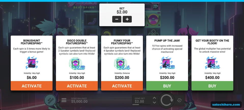 Bonus buy menu lists five prices