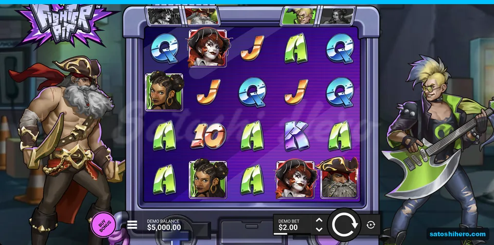 Purple cabinet frames two team fighters