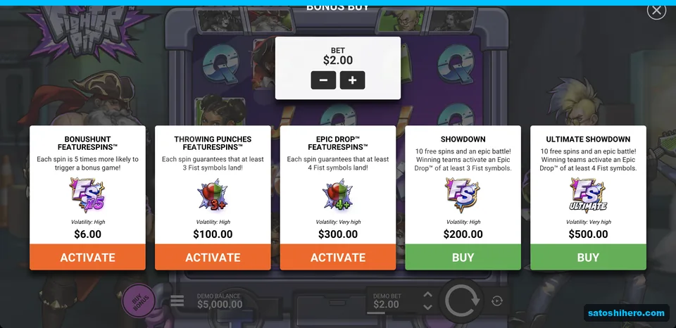 Bonus buy menu lists five prices