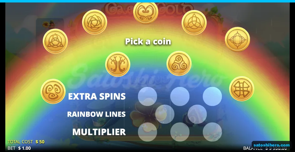 Celtic coins arranged along rainbow pick screen