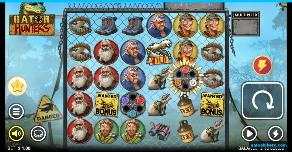 Chain-link grid with hunters and WANTED signs
