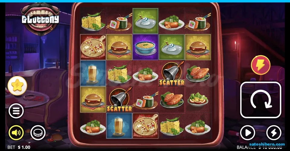 Food tiles and bell scatters in a dim restaurant