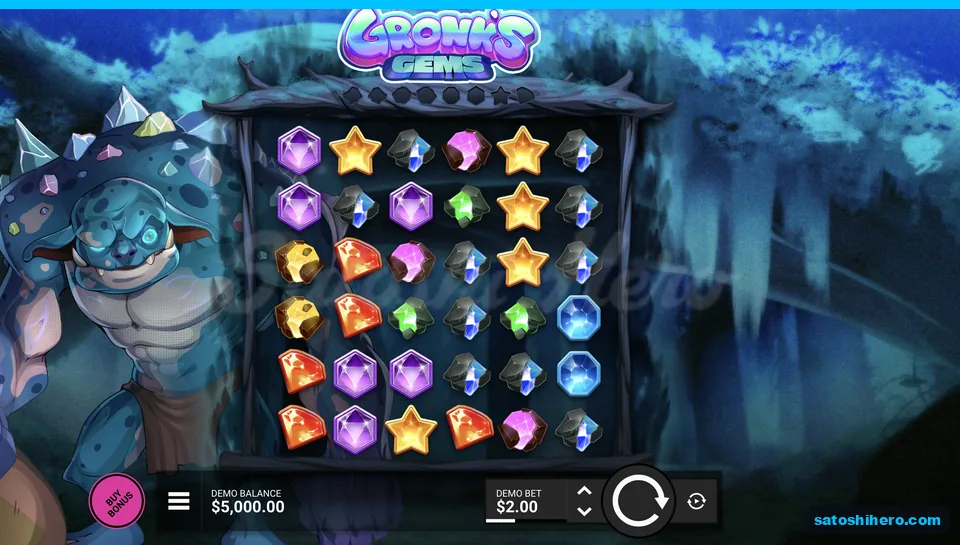Blue troll beside stone gem grid