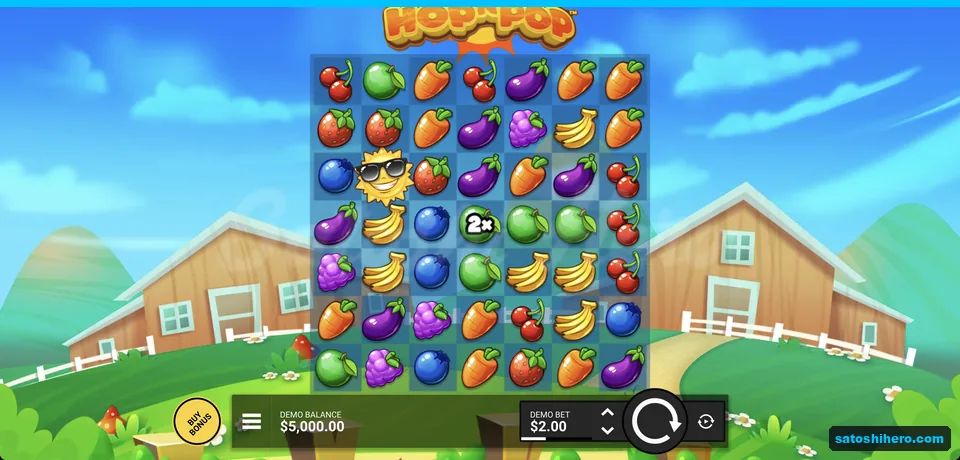 Fruit grid between red barns at rest