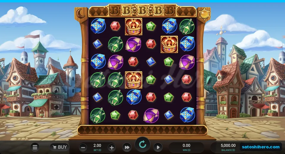 Gems and crowns fill a carved town-square board