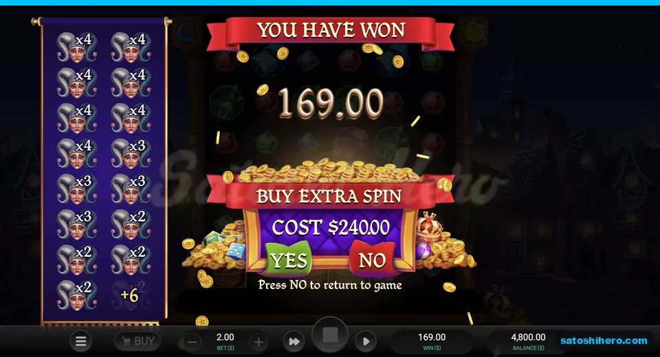 $169.00 payout beside $240.00 extra spin offer