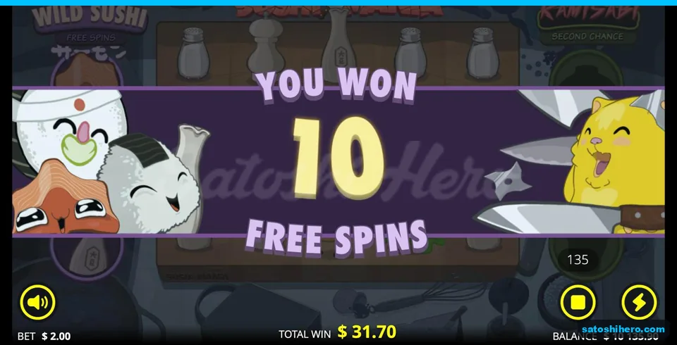 Ten free spins banner between sushi characters
